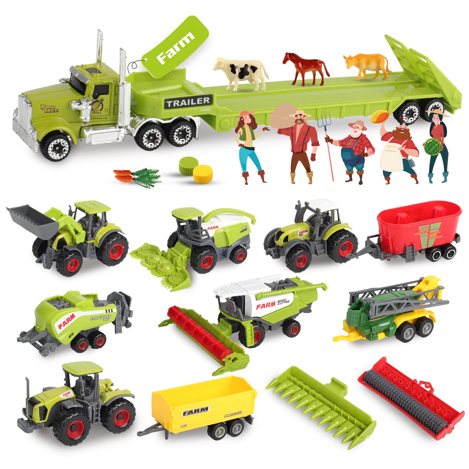 Oriate Kid's Farm Toys Realistic Tractor Vehicle Playset, Diecast Car Set Educational Mini Farm Animals with Flatbed Trailer,Birthday Gift for Children 3+ Year Old