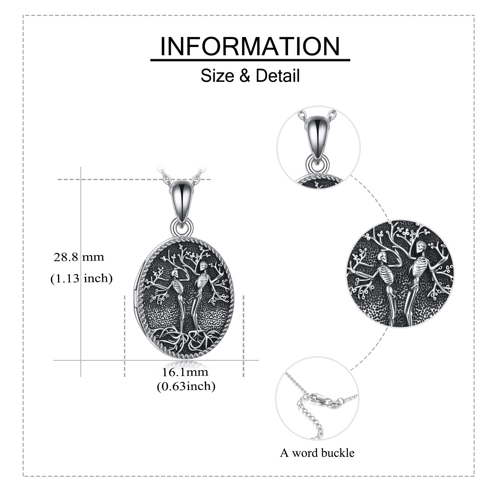 ONEFINITY Skull Locket Necklace Sterling Silver Skeleton Tree of Life Locket Necklace That Holds Pictures Couple Skull Locket Pendant Halloween Jewelry Gifts for Women Wife Mom