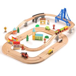 sainsmart jr. wooden train set 60pcs for toddlers, wood highway and train track with more cars fits brio, thomas, melissa and doug for 3 4 5 years old boys and girls