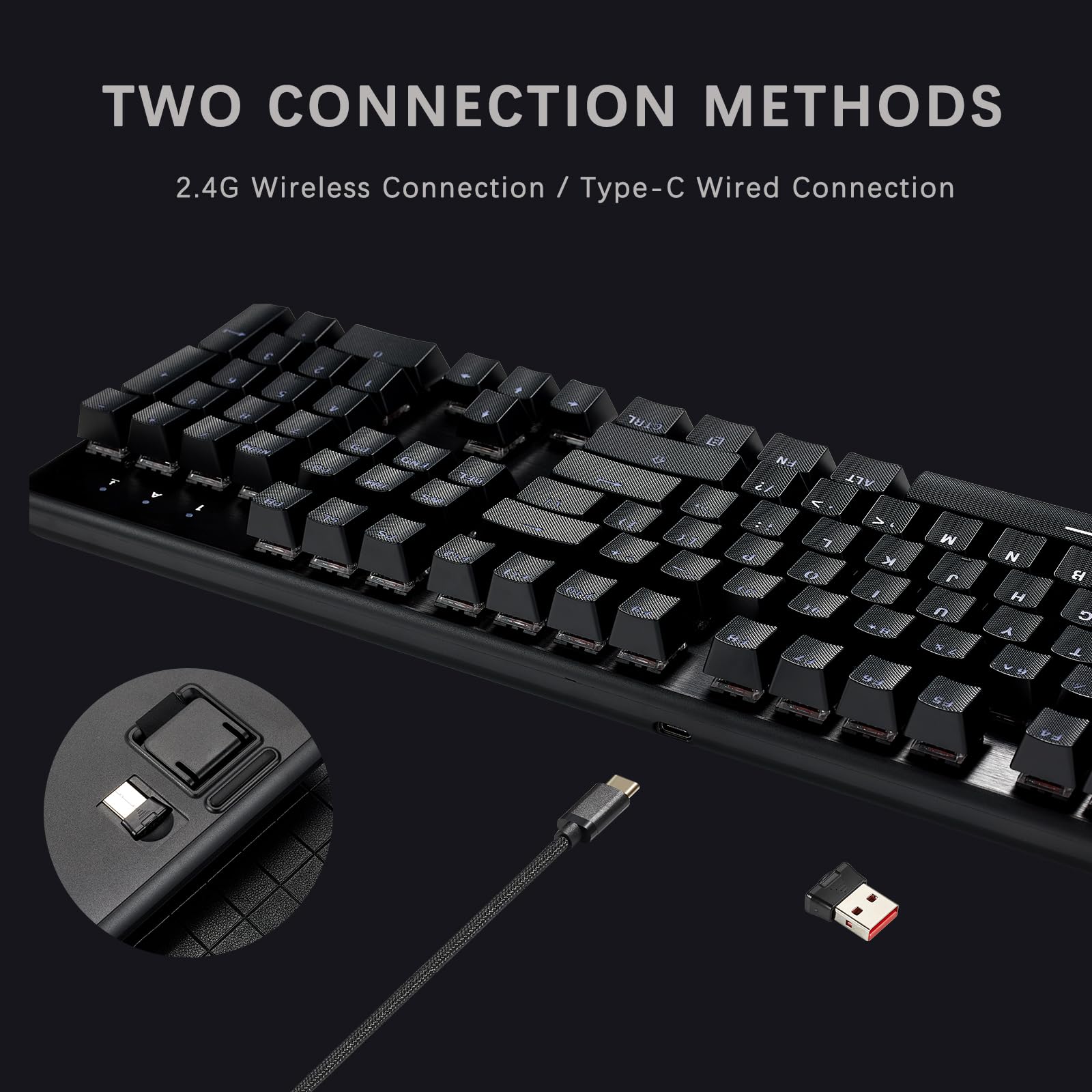 Hexgears G5 2.4G Wireless Mechanical Keyboard 104 Key, Wireless and Type-C Wired Connection, Full-Size, Blue Backlit, Windows and Mac OS Compatible Black Keyboard Kailh Box White Switches