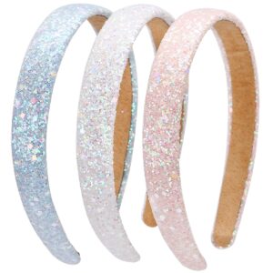 loneedy 3 pack glitter sequins sparkly hard headbands for kids wide padded hair bands fashion cute daily accessories for girls and women (pink + sky blue + white)