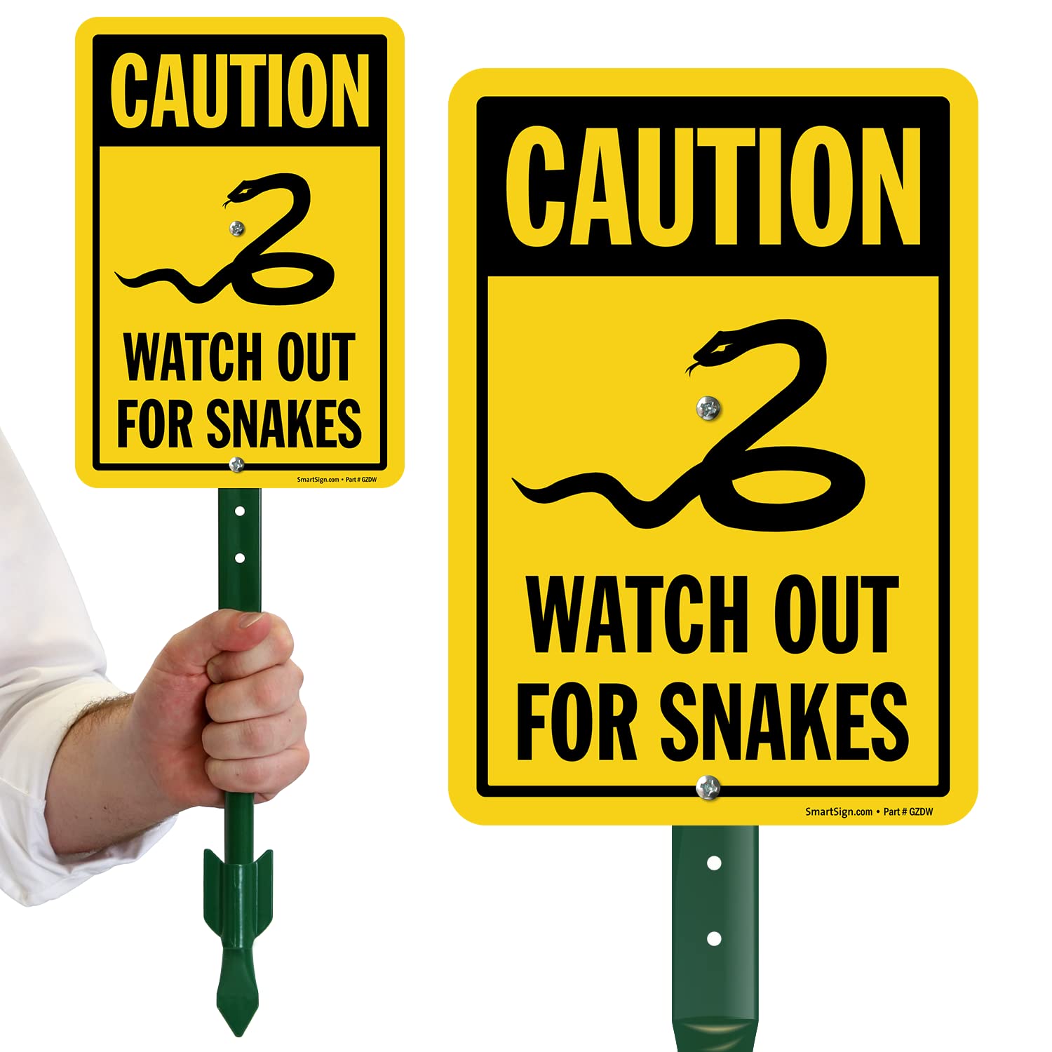 SmartSign 10 x 7 inch “Caution - Watch Out For Snakes” LawnPuppy Yard Sign and 18 inch Stake Kit, 40 mil Laminated Rustproof Aluminum, Black and Yellow, Set of 1, Made in USA