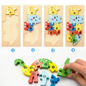 4 Pack Wooden Animal Puzzles for Toddlers 1 2 3 4 Years Old Boys & Girls, Montessori Toys for Kids Ages 1-4 with 4 Animal Patterns, Preschool Educational Toys Bright Vibrant Color Shapes