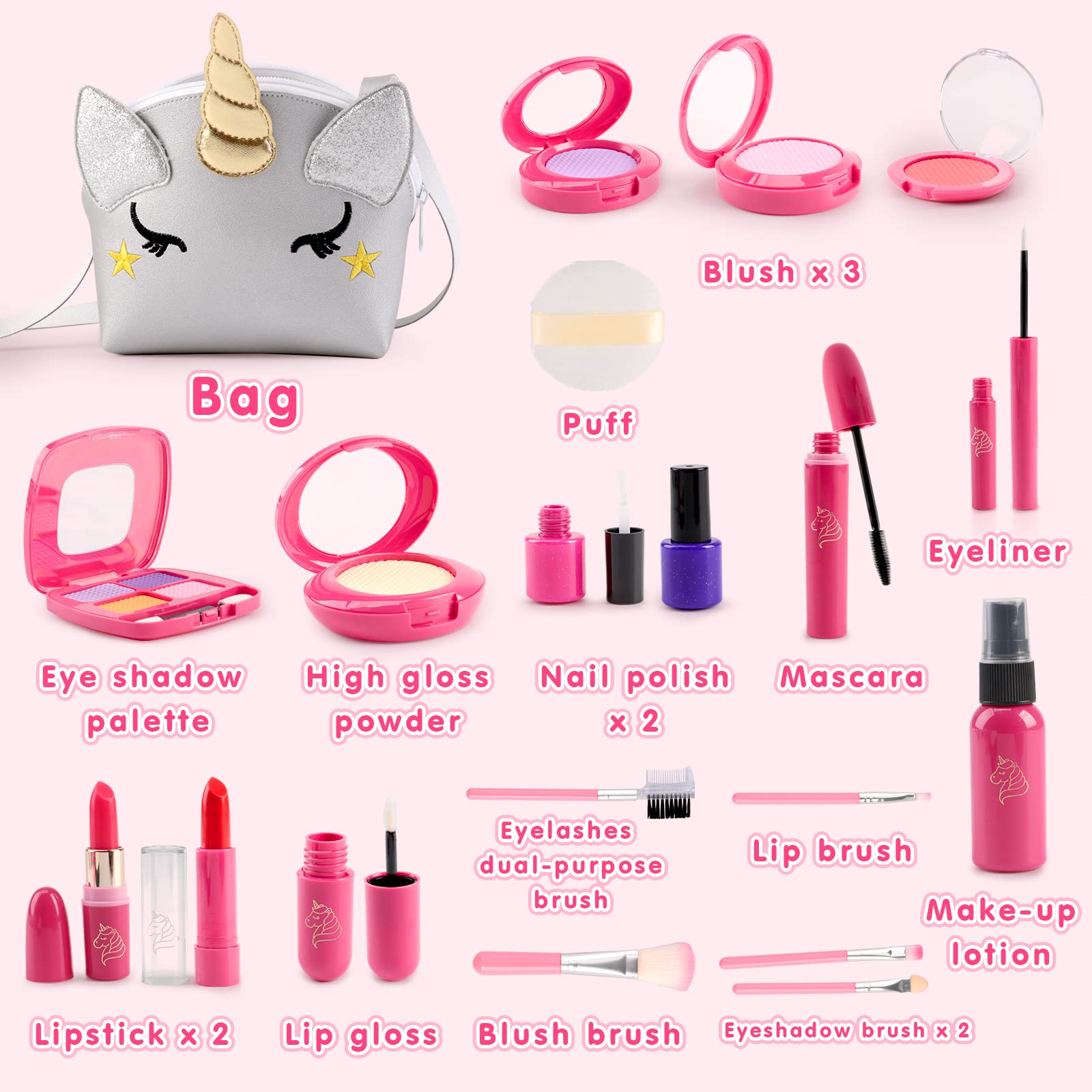 Kids Makeup Kit for Girl,BTEC Pretend Makeup for Toddlers,20 Pack Fake Play Makeup for Little Girls Age 3 4 5 6 7 Birthday Gift