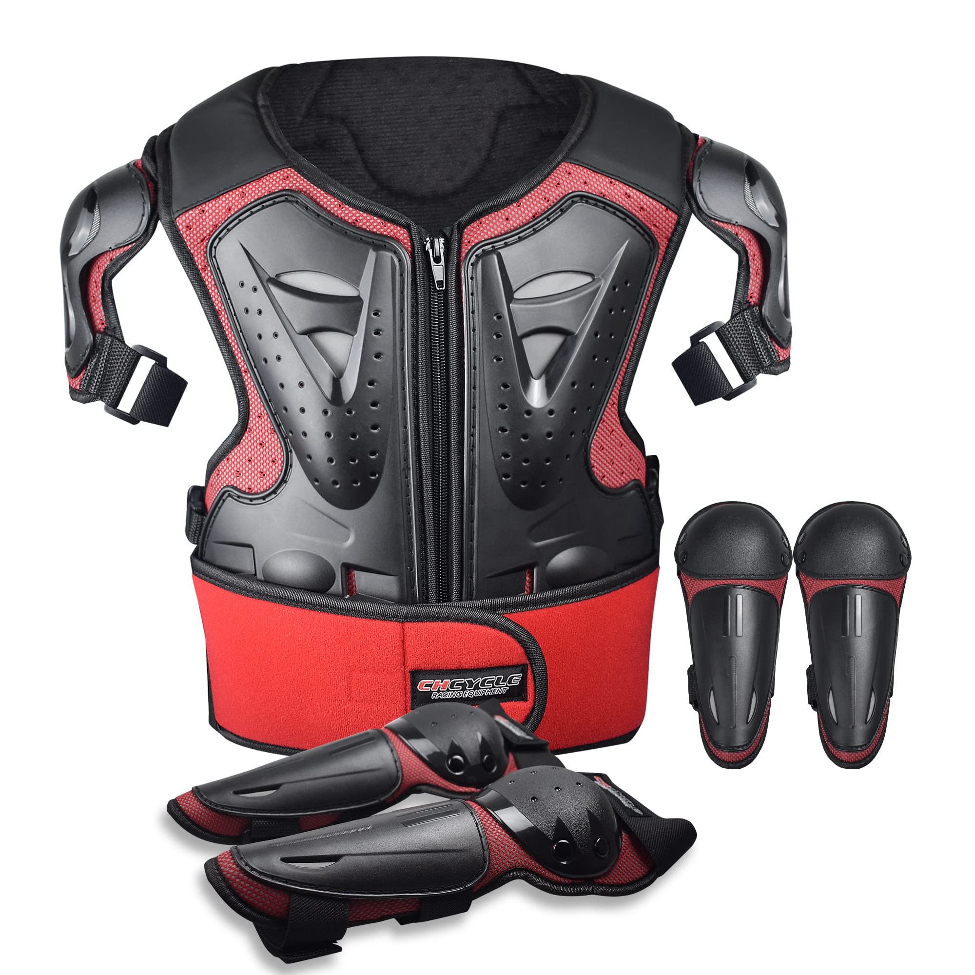 ElCYCO Kids Motorcycle Armor Suit Dirt Bike Gear Chest Protector Motocross for Kids Dirt Bike Chest Protective Gear with Elbow Knee Pads Guards for Cycling(red)