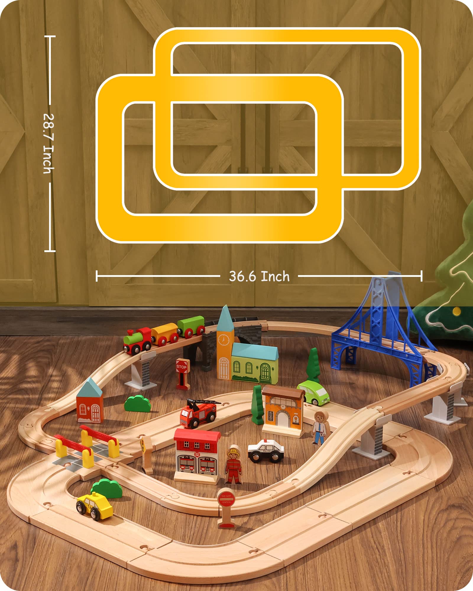 SainSmart Jr. Wooden Train Set 60pcs for Toddlers, Wood Highway and Train Track with More Cars Fits Brio, Thomas, Melissa and Doug for 3 4 5 Years Old Boys and Girls