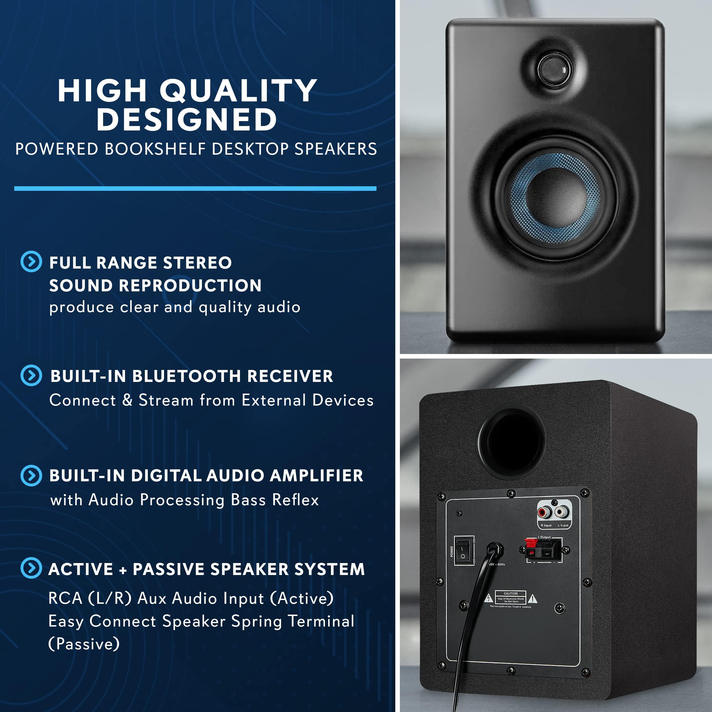 PyleUsa HiFi Active Bookshelf Speaker with Bluetooth - Audio Stereo Monitor Speaker System, 300W, Quality Sound for PC, TV, Desktops, w/USB, Micro SD, RCA Input, Black - PBKSP33BK