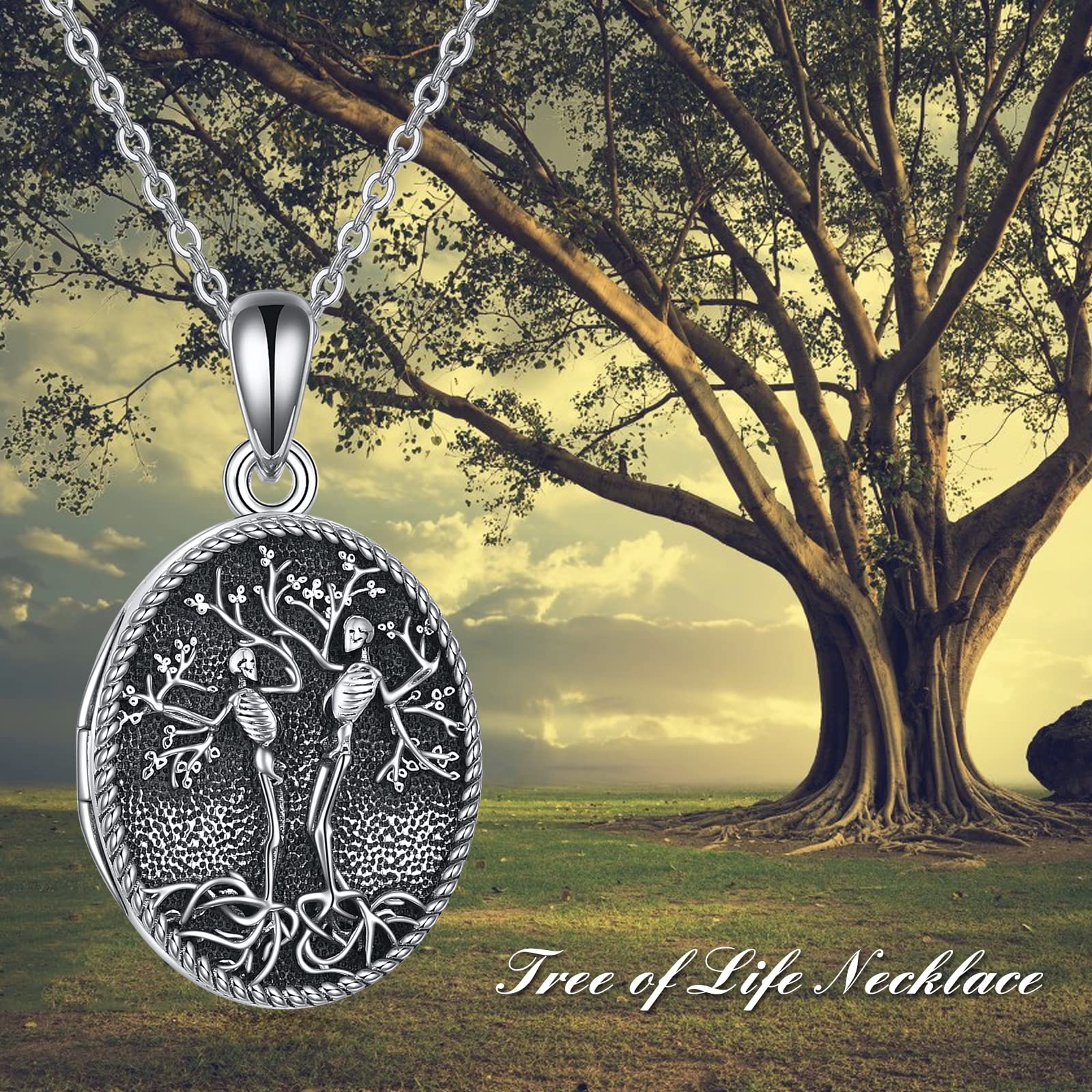 ONEFINITY Skull Locket Necklace Sterling Silver Skeleton Tree of Life Locket Necklace That Holds Pictures Couple Skull Locket Pendant Halloween Jewelry Gifts for Women Wife Mom