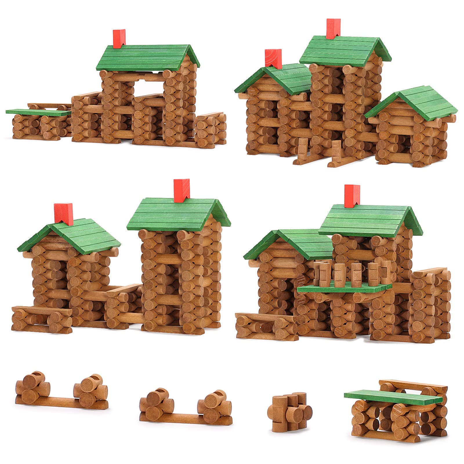 SainSmart Jr. 665 PCS Wooden Log Cabin Set Building House Toy for Toddlers, Classical STEM Construction Kit Compatible with Lincoln Logs for 3+ Kids