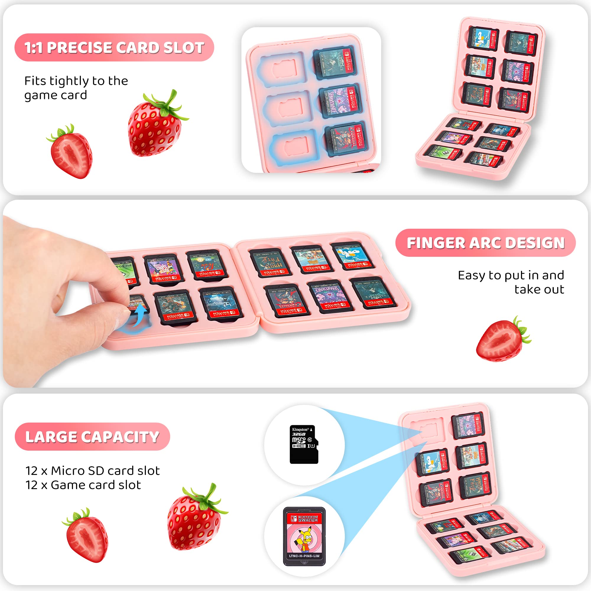 FANPL Game Case Holder for Nintendo Switch/ OLED/ Lite,12 Game Card and 12 Micro SD Card Slots Portable Storage Case for Switch, Cute Switch Cartridge Box with Hard Shell & Soft Liner-Pink Strawberry