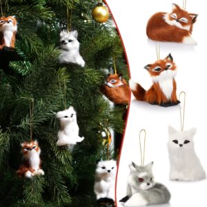 7 Pcs Mini Fox Plush Toys Stuffed Animal Christmas Tree Hanging Ornaments Simulation Squatting Fox Model Home Decoration Static Action Figures Fox Sleeping for Home Office Bag Decoration, 5 Inches