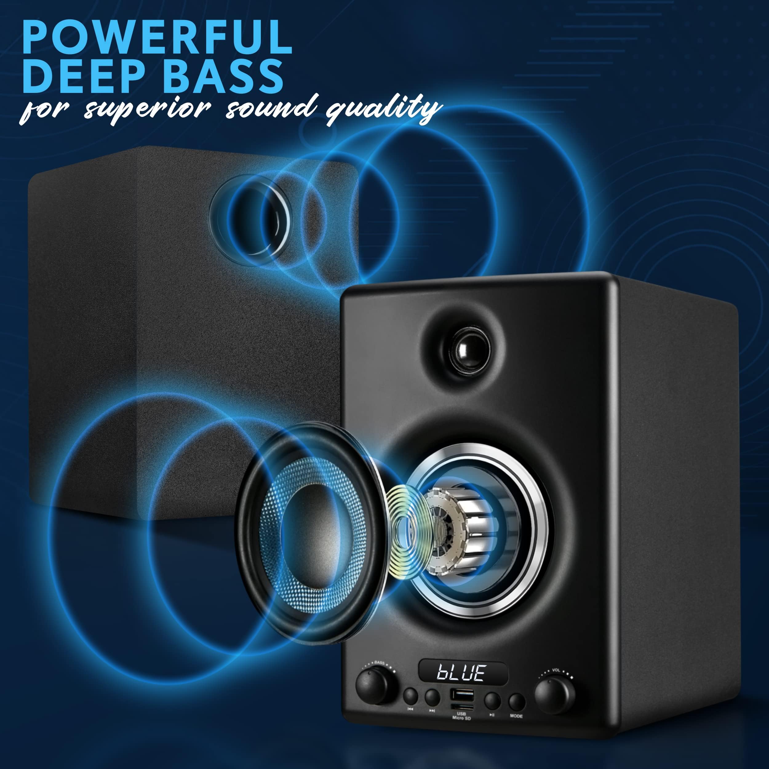 PyleUsa HiFi Active Bookshelf Speaker with Bluetooth - Audio Stereo Monitor Speaker System, 300W, Quality Sound for PC, TV, Desktops, w/USB, Micro SD, RCA Input, Black - PBKSP33BK