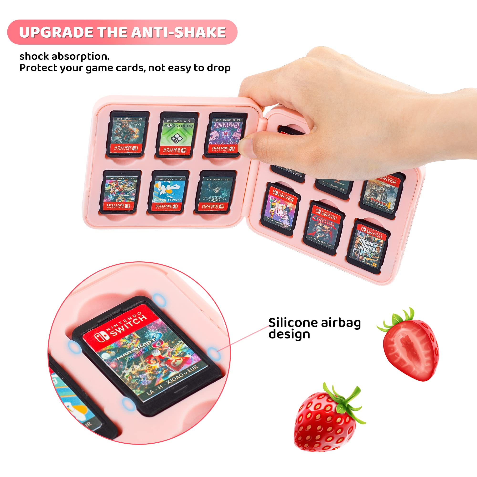 FANPL Game Case Holder for Nintendo Switch/ OLED/ Lite,12 Game Card and 12 Micro SD Card Slots Portable Storage Case for Switch, Cute Switch Cartridge Box with Hard Shell & Soft Liner-Pink Strawberry