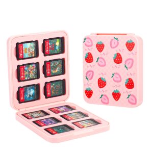 fanpl game case holder for nintendo switch/ oled/ lite,12 game card and 12 micro sd card slots portable storage case for switch, cute switch cartridge box with hard shell & soft liner-pink strawberry