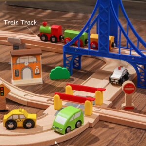 SainSmart Jr. Wooden Train Set 60pcs for Toddlers, Wood Highway and Train Track with More Cars Fits Brio, Thomas, Melissa and Doug for 3 4 5 Years Old Boys and Girls