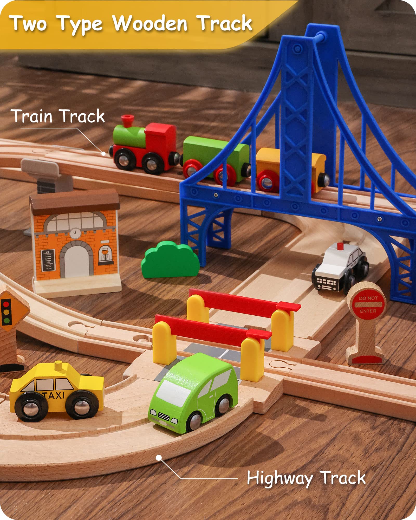 SainSmart Jr. Wooden Train Set 60pcs for Toddlers, Wood Highway and Train Track with More Cars Fits Brio, Thomas, Melissa and Doug for 3 4 5 Years Old Boys and Girls