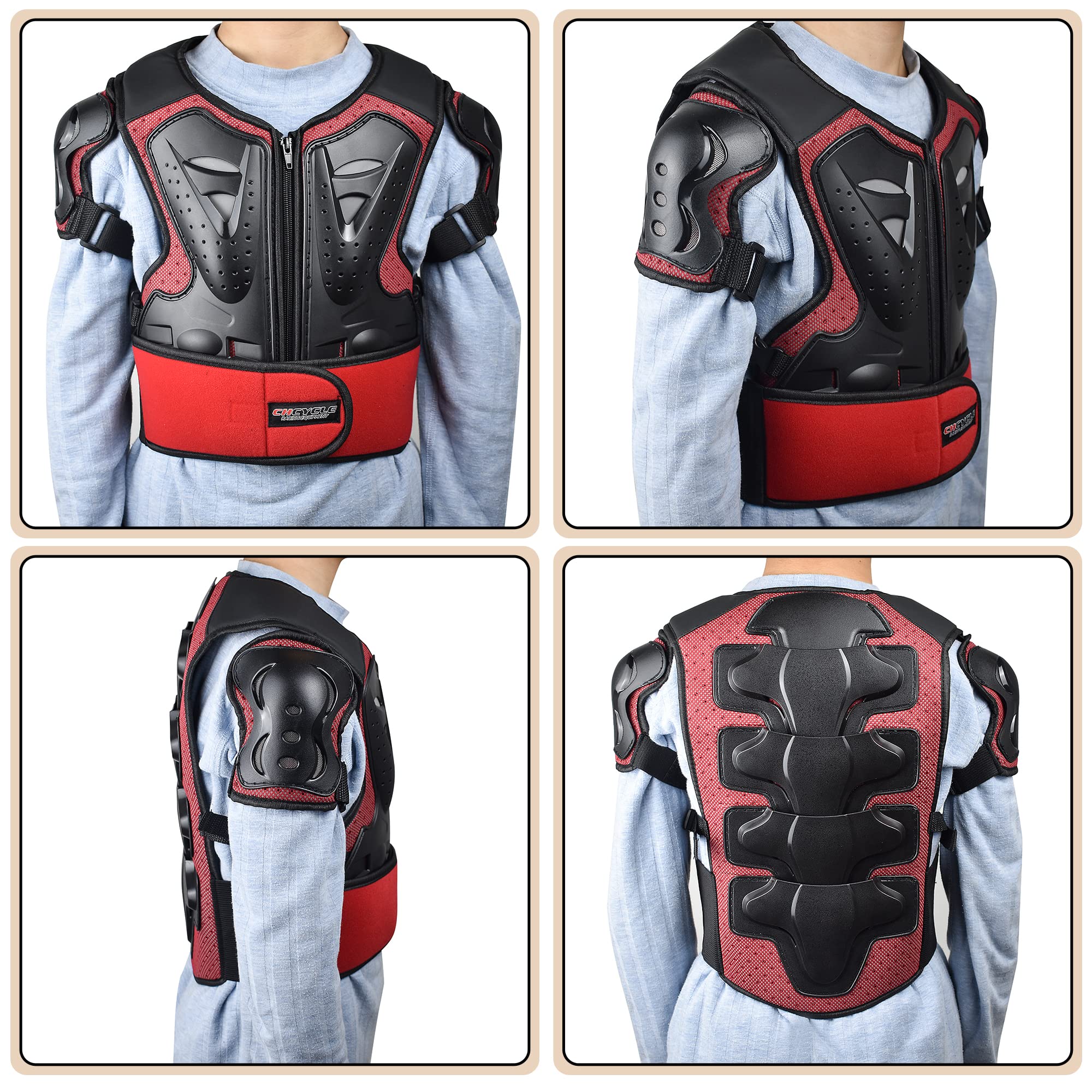 ElCYCO Kids Motorcycle Armor Suit Dirt Bike Gear Chest Protector Motocross for Kids Dirt Bike Chest Protective Gear with Elbow Knee Pads Guards for Cycling(red)