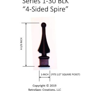 100 Each for 1/2” Black Plastic Finial Tops for Iron Picket Fence 4-Sided Spire - #1-30