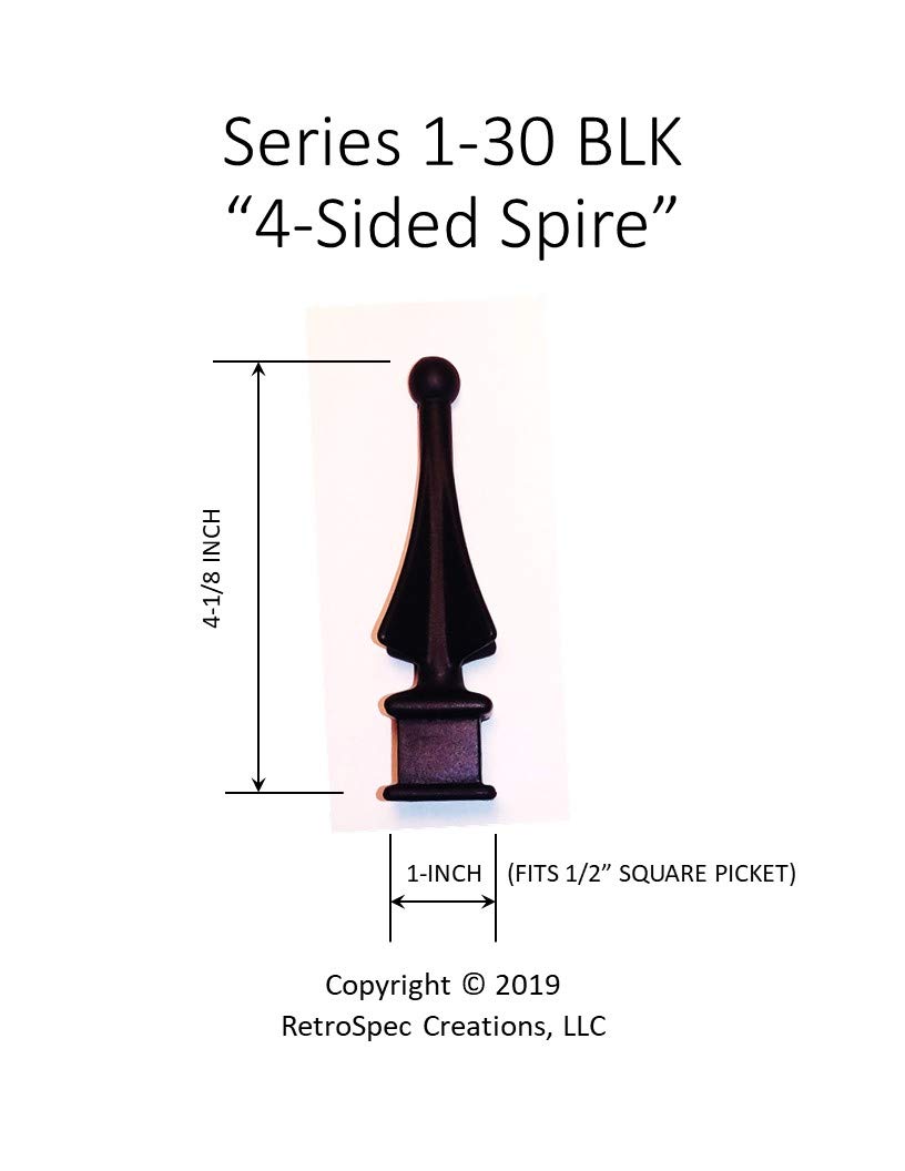 100 Each for 1/2” Black Plastic Finial Tops for Iron Picket Fence 4-Sided Spire - #1-30