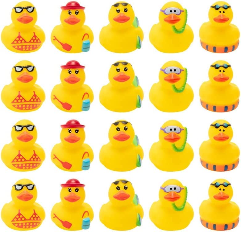 Haooryx 20Pcs Summer Beach Rubber Duckies Float Bathtub Ducky Swimming Pool Toys Summer Theme Novelty Funny Squeeze Ducks for Kids Birthday Party Favors Prize Rewards Baby Shower Bath Toys Decoration