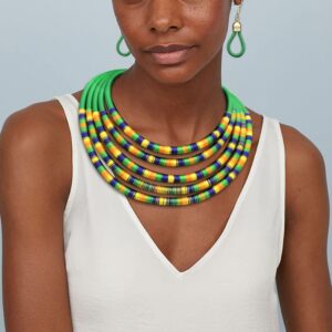 Wosois Multilayered Tribal Choker Necklace Earrings Set Colorful Woven Rope African Necklaces Weave Collar Chunky Statement Necklace Jewelry Sets for Women (Green)