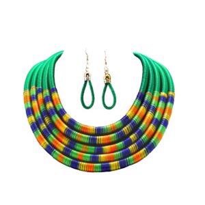 Wosois Multilayered Tribal Choker Necklace Earrings Set Colorful Woven Rope African Necklaces Weave Collar Chunky Statement Necklace Jewelry Sets for Women (Green)