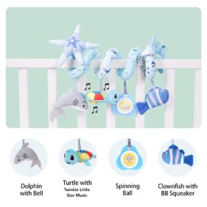 Upscale Trail Deluxe 5-Piece Spiral Plush Toy Set - Cute Hanging Baby Rattle Animals including Shark Ideal Stroller, Crib Mobile, & Car Seat Toys for Babies 0-6 months up to 1 Year Coral Blue