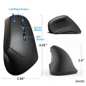 SANWA Wired Ergonomic Mouse, Optical Vertical Computer Mice, Silent Noiseless Click, Reduce Wrist Strain, (1000/1600 DPI, 6 Buttons) Compatible with MacBook, Laptop, Windows, Mac OS