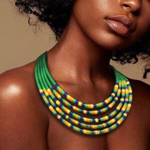 Wosois Multilayered Tribal Choker Necklace Earrings Set Colorful Woven Rope African Necklaces Weave Collar Chunky Statement Necklace Jewelry Sets for Women (Green)