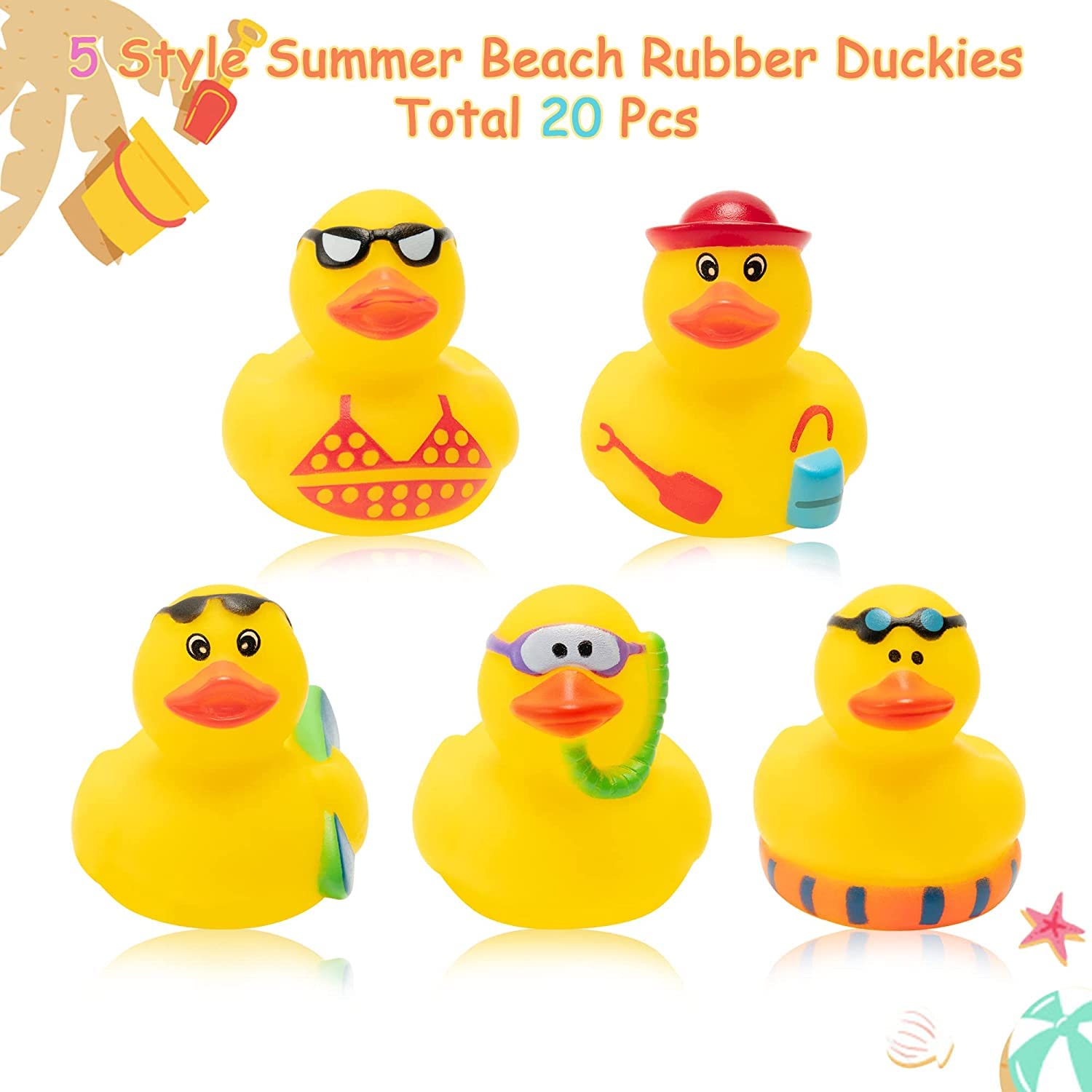 Haooryx 20Pcs Summer Beach Rubber Duckies Float Bathtub Ducky Swimming Pool Toys Summer Theme Novelty Funny Squeeze Ducks for Kids Birthday Party Favors Prize Rewards Baby Shower Bath Toys Decoration