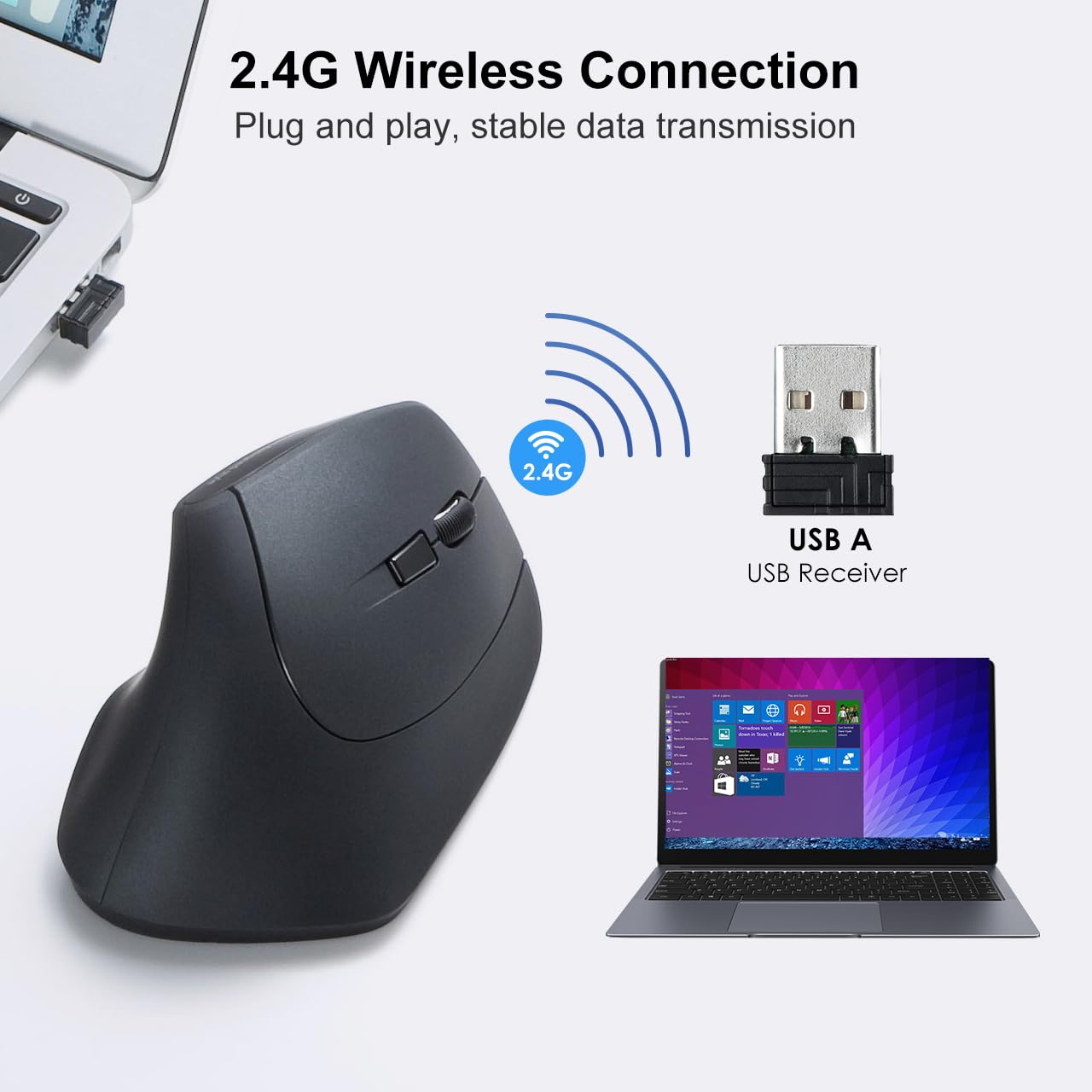 SANWA 2.4G Wireless Ergonomic Mouse, Optical Vertical Computer Mice, Silent Noiseless Click, (800/1200/1600 Adjustable DPI, 6 Buttons) Compatible with MacBook, Laptop, Windows, Mac OS