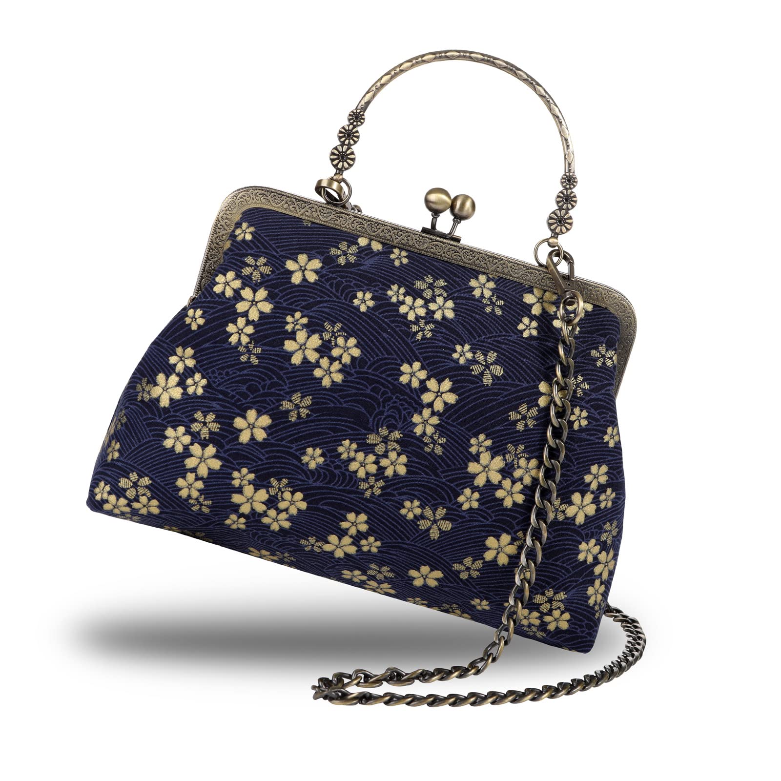 Abuyall Floral Top Handle Handbag Chain Strap Women Kiss Lock Canvas Frame Shoulder Bag Royal