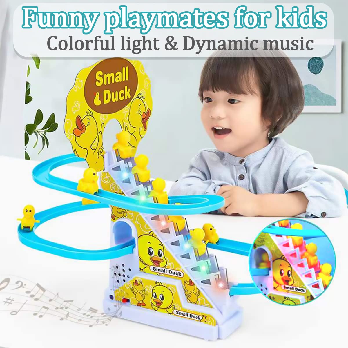 JOYGETIN Small Ducks Climbing Toys,Electric Duck Climbing Stairs Tracks Slide Toy Set,Duck Roller Coaster Toy with Flashing Lights & Music On/Off Button