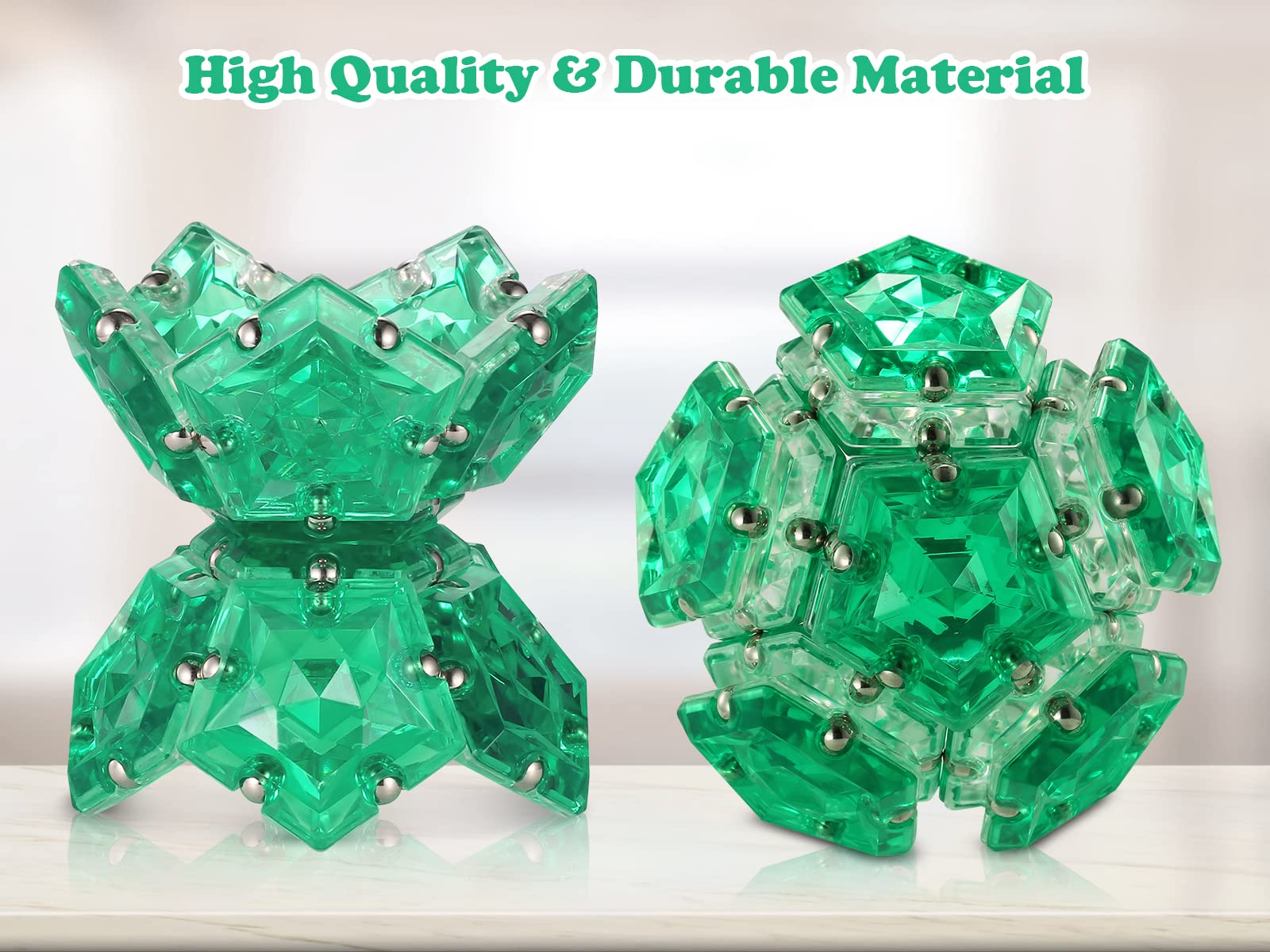 RoomyRoc Magnetic Fidget Sphere - Pentagons Magnets Balls - 12 Piece Set - Crystal Green - Magnet Fidgets Toy - Creativity Beyond Imagination, Inspirational, Recreational, Desk Toys for Adults