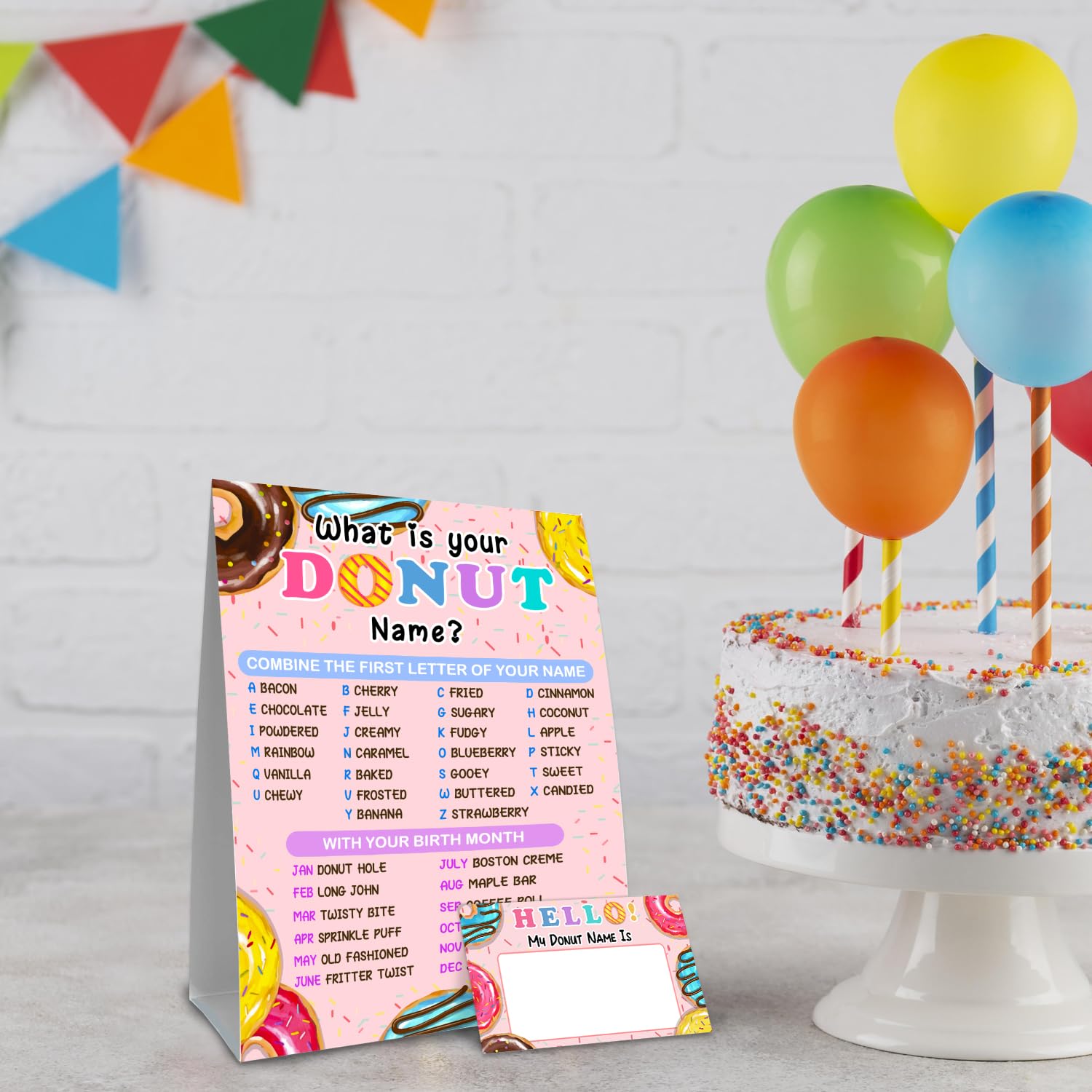 What is Your Donut Name Game, Game Sign and 30 Cards, Donut Birthday Party Sign for Girls, Holiday Activity, Wedding, Anniversary, Kids Donut Activity Cards