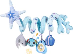 upscale trail deluxe 5-piece spiral plush toy set - cute hanging baby rattle animals including shark ideal stroller, crib mobile, & car seat toys for babies 0-6 months up to 1 year coral blue