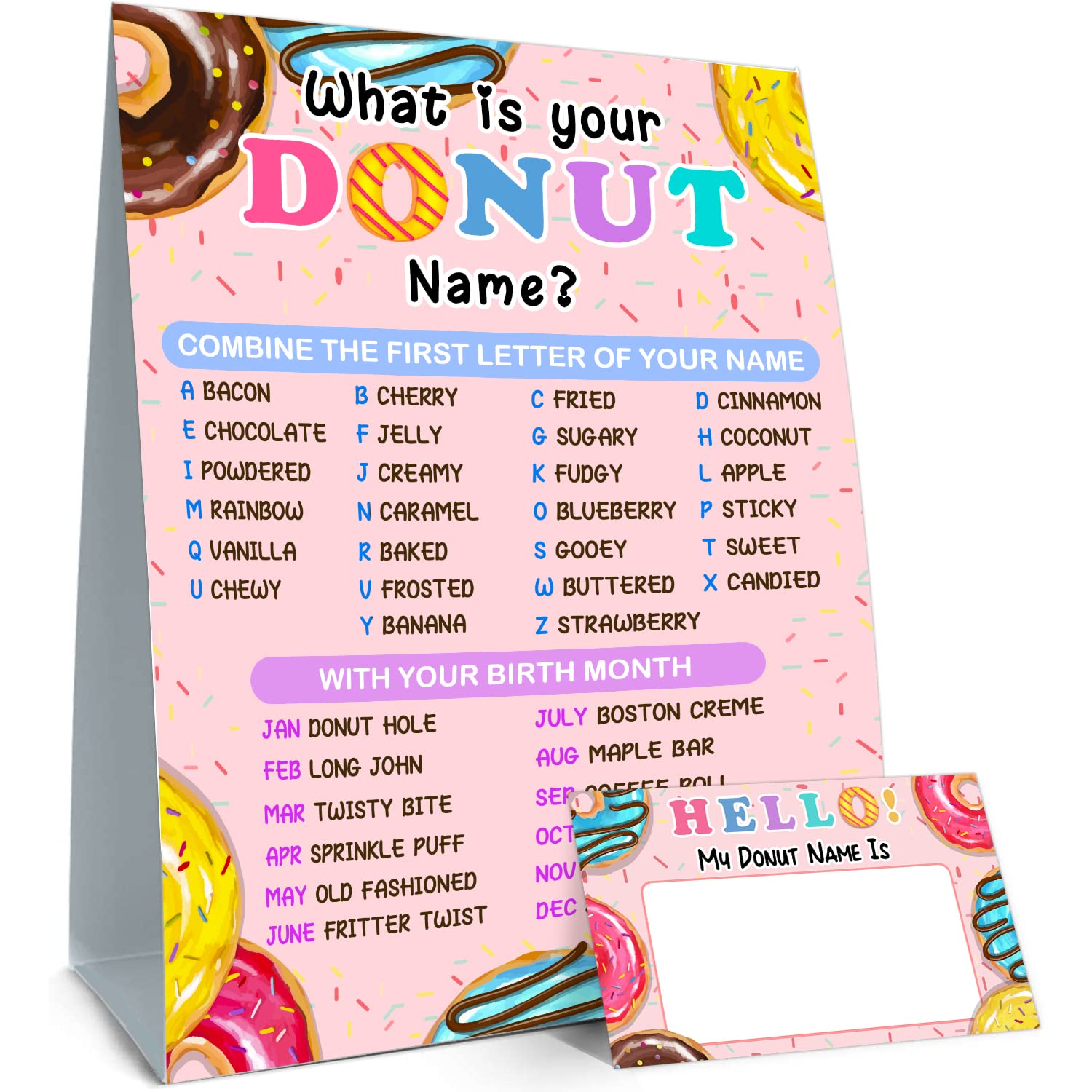 What is Your Donut Name Game, Game Sign and 30 Cards, Donut Birthday Party Sign for Girls, Holiday Activity, Wedding, Anniversary, Kids Donut Activity Cards