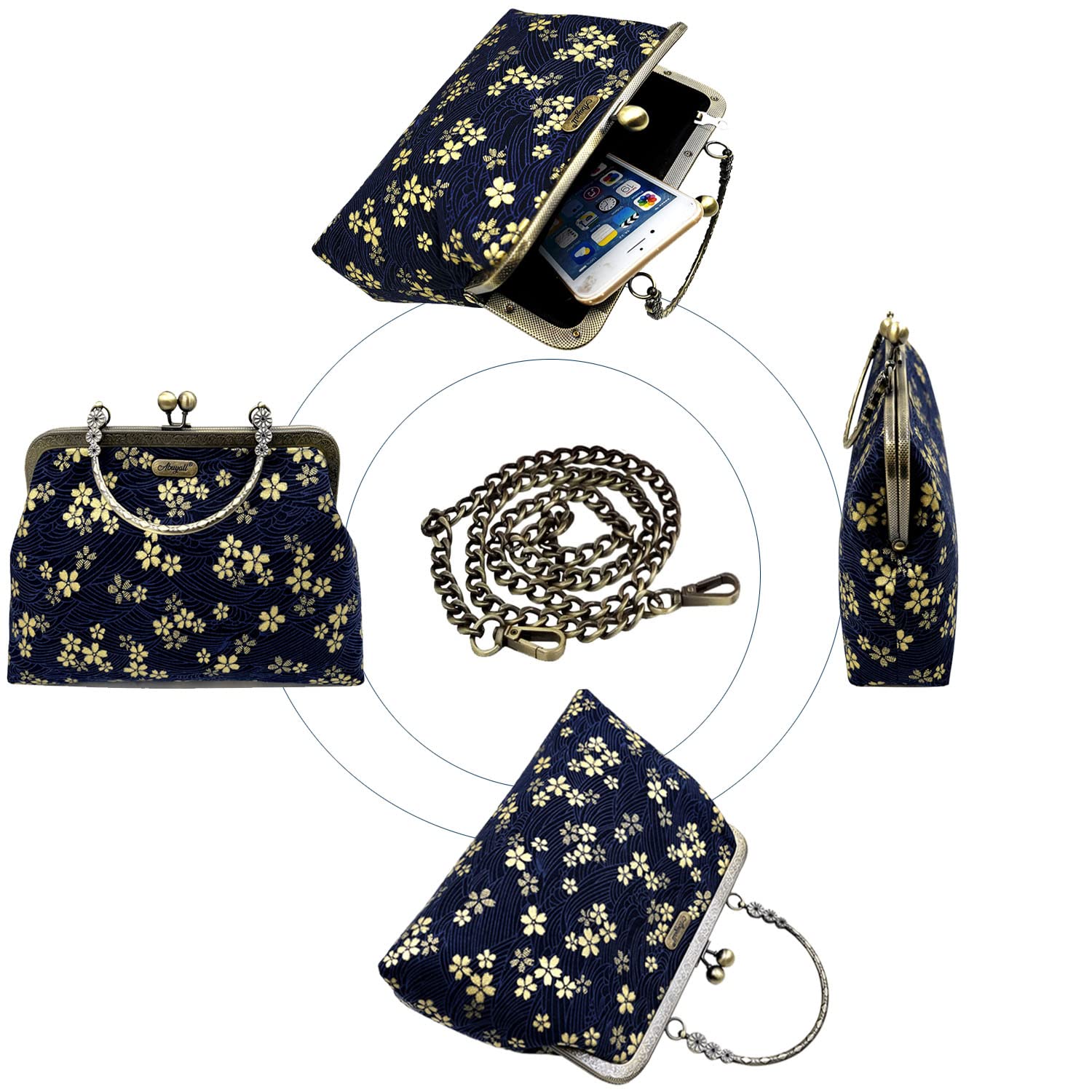 Abuyall Floral Top Handle Handbag Chain Strap Women Kiss Lock Canvas Frame Shoulder Bag Royal