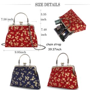 Abuyall Floral Top Handle Handbag Chain Strap Women Kiss Lock Canvas Frame Shoulder Bag Royal