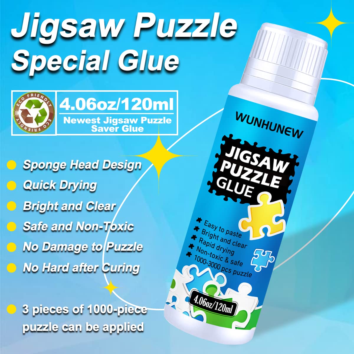 Newest Jigsaw Puzzle Glue Clear with Sponge Head Applicator, Puzzle Saver Frame for 1000/1500/3000 Pieces Puzzle of Paper & Wood, Water-Soluble Special Art Craft Puzzle Guard Glue, Quick Dry (120ML)