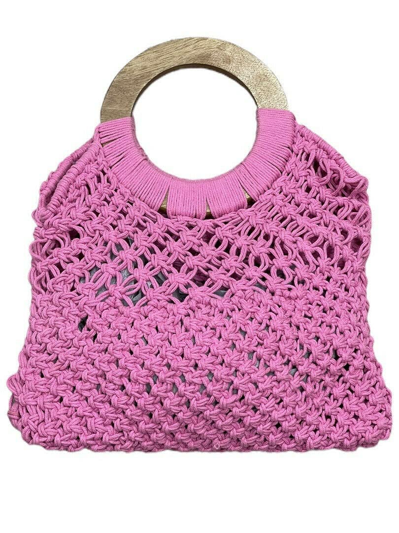 A New Day Circle Handle Crochet Tote Handbag - Pink