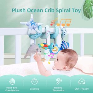 Upscale Trail Deluxe 5-Piece Spiral Plush Toy Set - Cute Hanging Baby Rattle Animals including Shark Ideal Stroller, Crib Mobile, & Car Seat Toys for Babies 0-6 months up to 1 Year Coral Blue