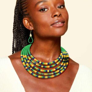 Wosois Multilayered Tribal Choker Necklace Earrings Set Colorful Woven Rope African Necklaces Weave Collar Chunky Statement Necklace Jewelry Sets for Women (Green)