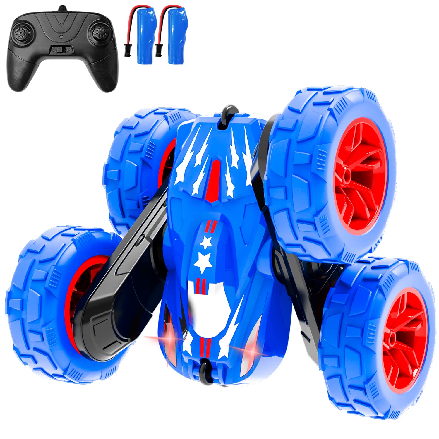 STEMTRON Remote Control Car 2.4GHz RC Stunt Car Double Sided Running Fast RC Car 360°Rotating Vehicles 180°Flips RC Crawler with Bright Headlights Toy Gift for Boys and Girls (Blue)