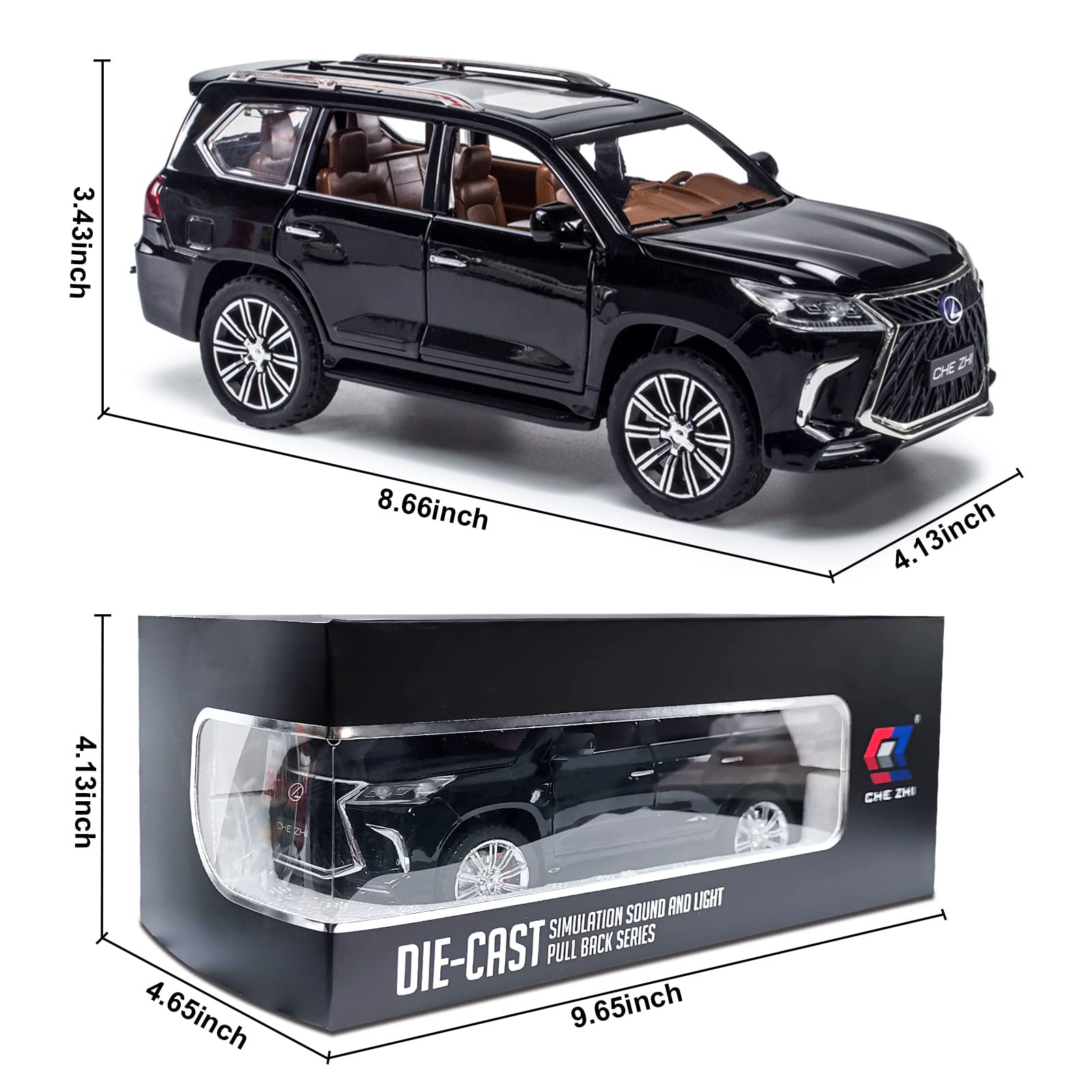 Diecast car Model 1/24 Scale - Zinc Alloy Pull Back Toy car with Sound and Light, Collectible Toys Vehicle for Adults and Boys Girls (Black)