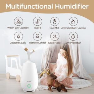 Humidifiers for Large Room 5L Ultrasonic Cool Mist Humidifier for Bedroom Cute Humidifier Ultra Quiet Top Fill Air Humidifier for Baby Plants with Essential Oil Diffuser and Remote Control, White