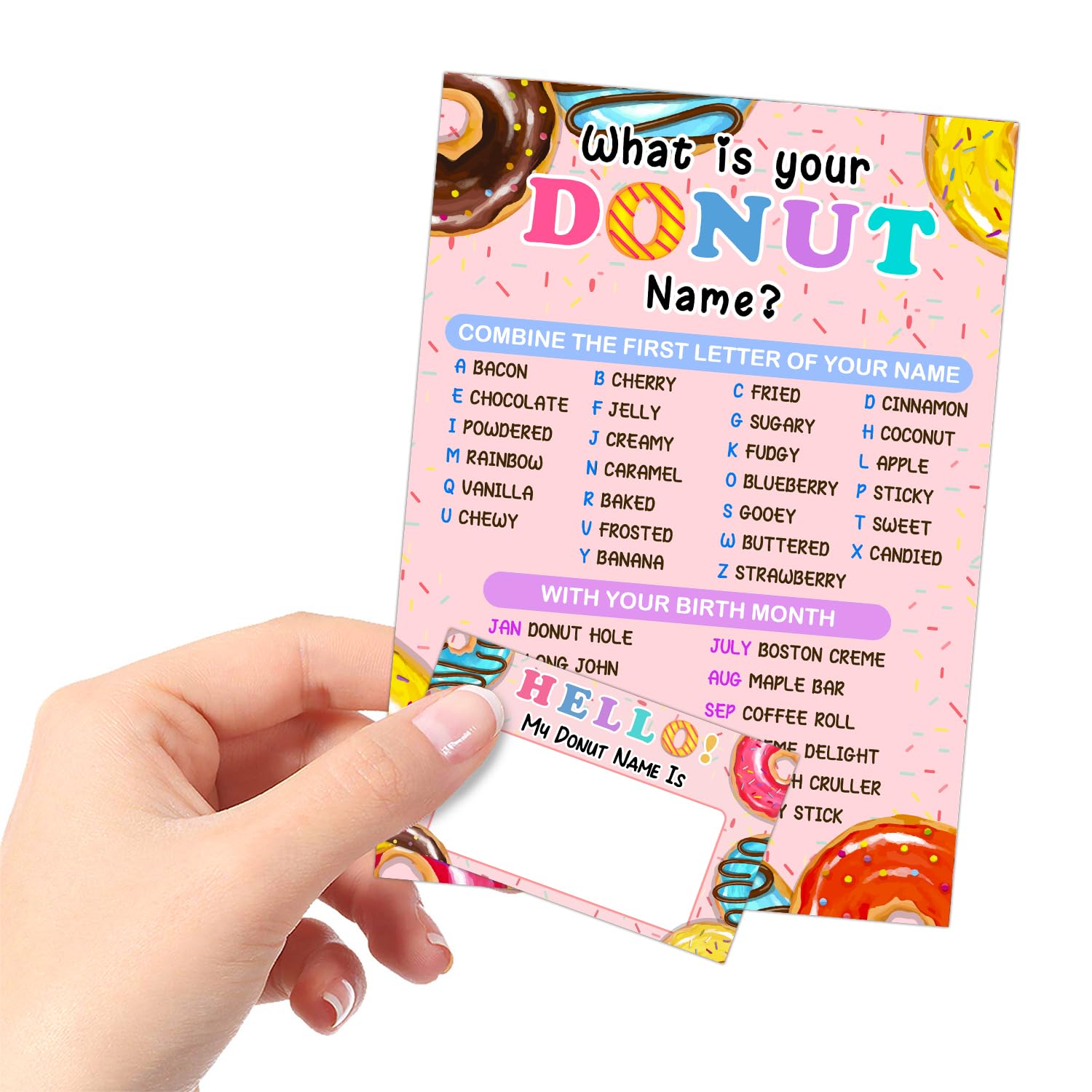 What is Your Donut Name Game, Game Sign and 30 Cards, Donut Birthday Party Sign for Girls, Holiday Activity, Wedding, Anniversary, Kids Donut Activity Cards