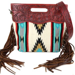 American Darling Aztec Cross Body with Red Tooled Leather ADBG247RedLeather, White