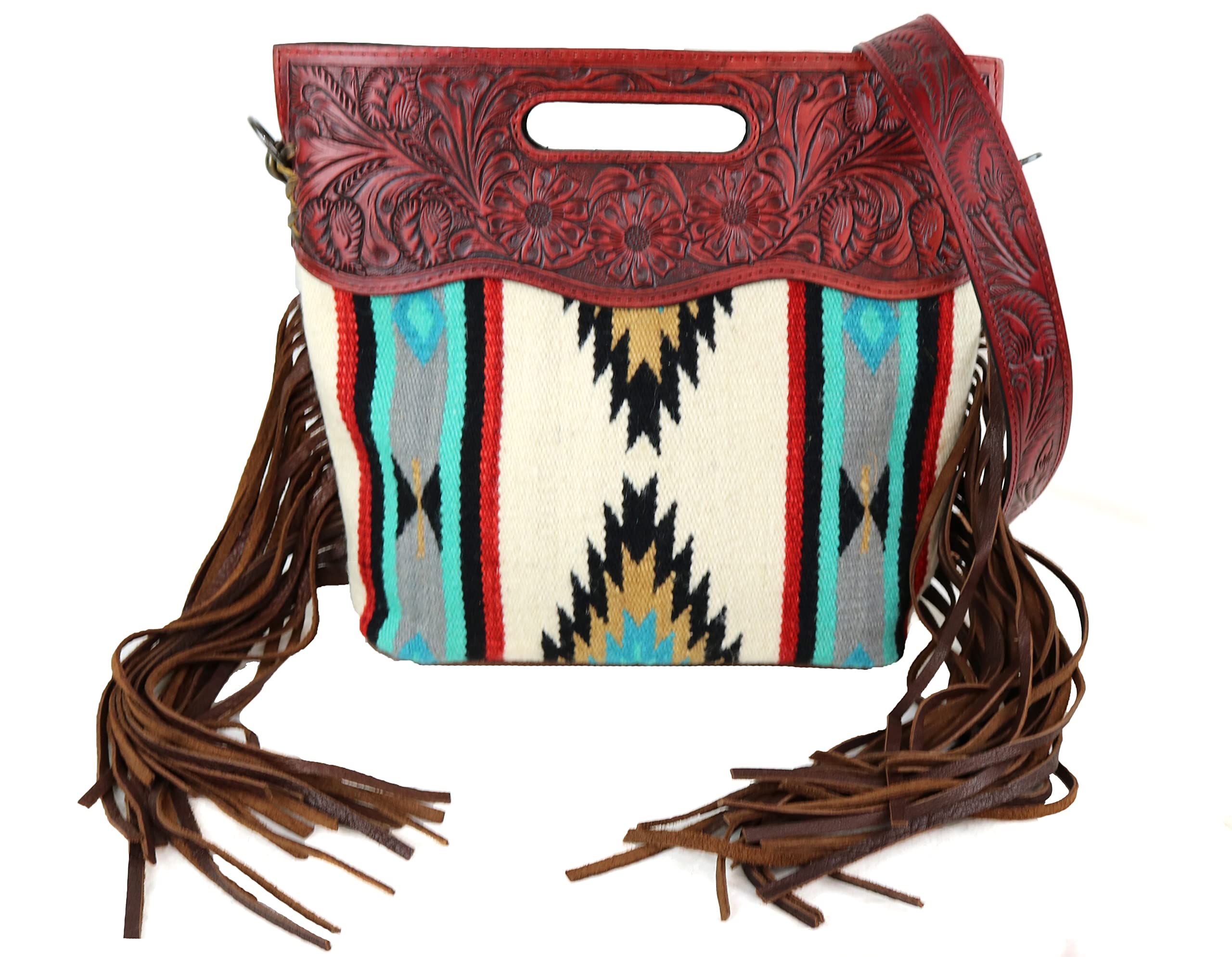 American Darling Aztec Cross Body with Red Tooled Leather ADBG247RedLeather, White