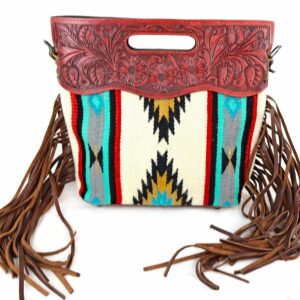 American Darling Aztec Cross Body with Red Tooled Leather ADBG247RedLeather, White